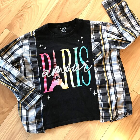 Upcycled Girl’s Cotton Plaid Tee: Oversized Paris Graphic T-Shirt, Child's 8-12 - Picture 5 of 7